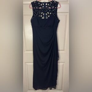 Xscape Women Navy Blue Chiffon Maxi Dress with Cutout Design, Sz 14. NWOT